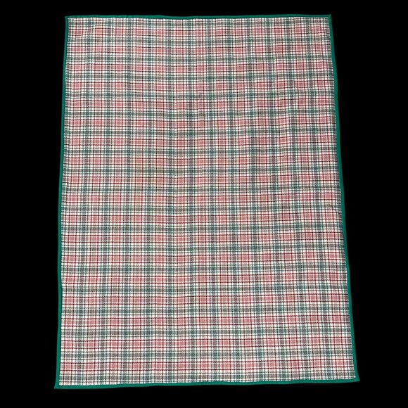 Vintage Blanket Tablecloth Handmade 1960s Green Red Plaid Polyester Christmas - Picture 2 of 6